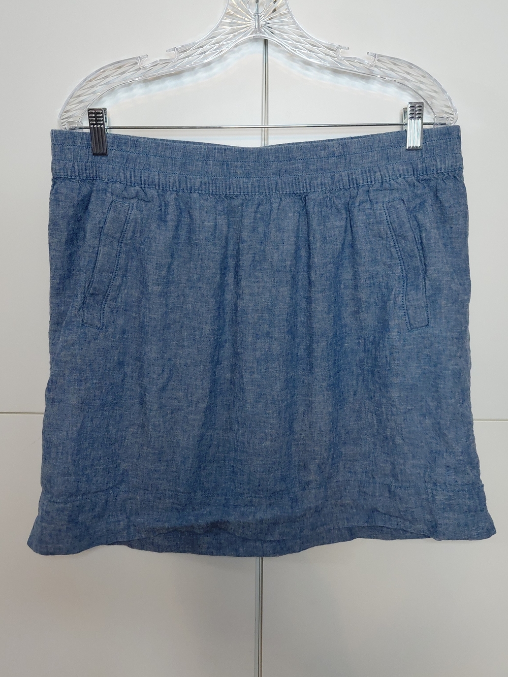 LOFT Chambray-Look Elastic Waist Mini Skirt in Mid Blue Size Large Linen Blend